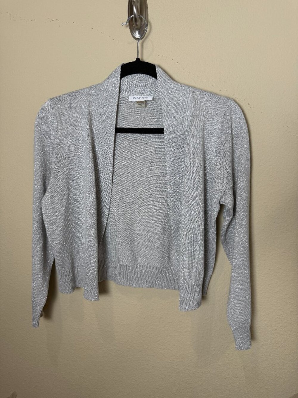 Calvin Klein 3/4 Sleeve Glitter Shrug Cardigan Sparkly Silver Size Small